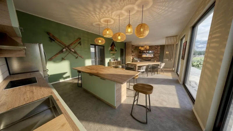 Cuisine partagée moderne et équipée dans une résidence à Chambéry avec électroménager, rangements et espace convivial